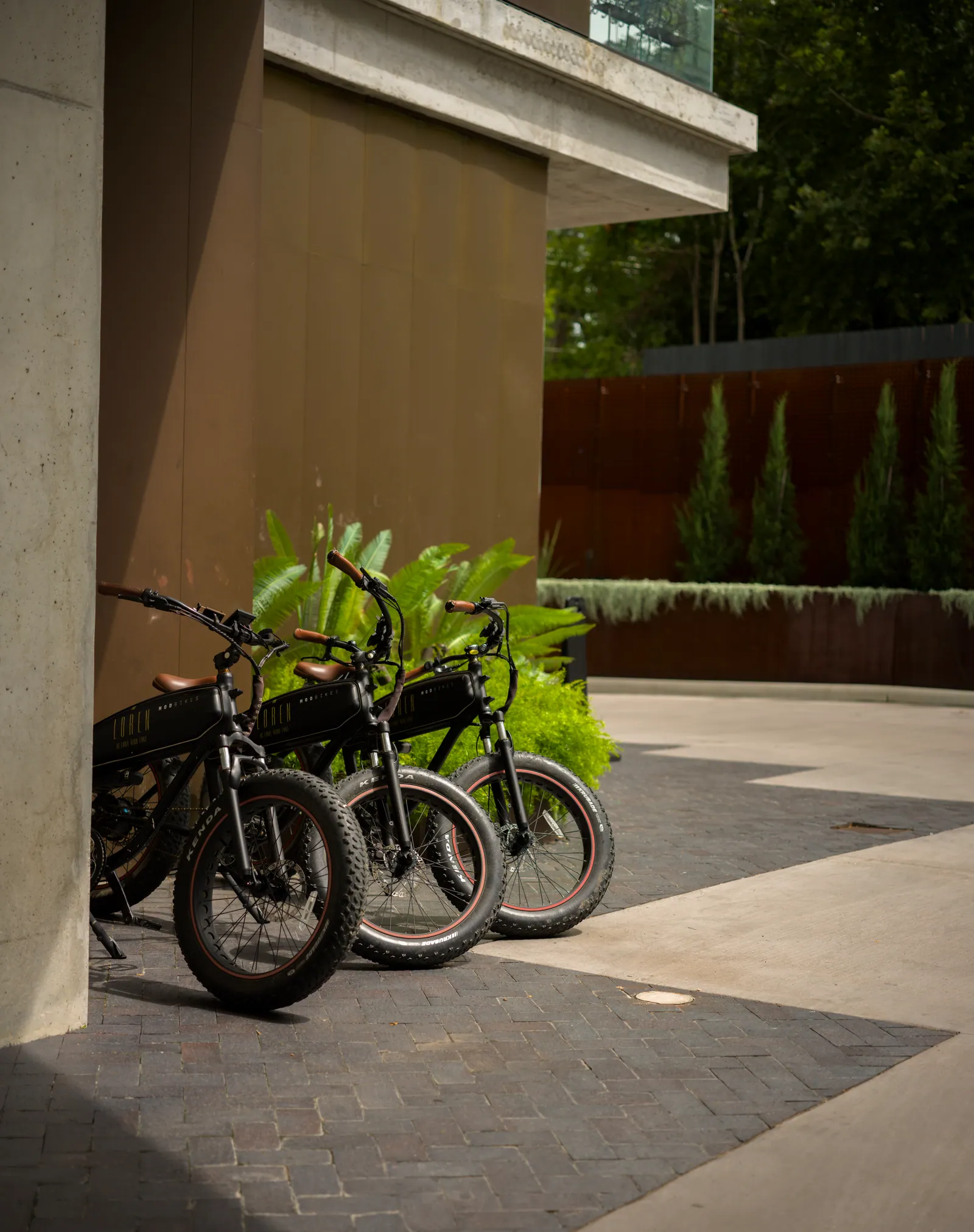 Three black fat-tire bicycles with tan saddles stand parked beside a concrete pillar and bronze wall, with tropical plants and dappled shade.